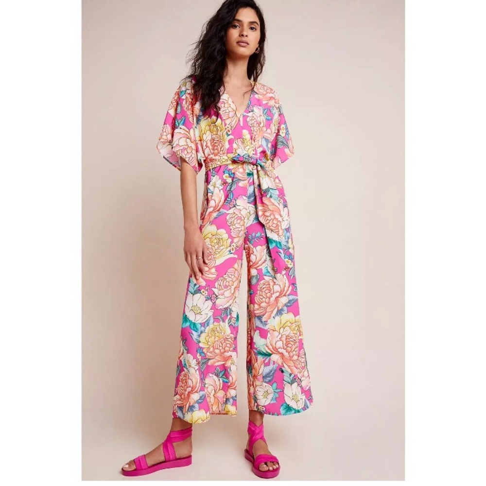 Farm Rio Eulalie Wide-Leg Jumpsuit Floral Print Kimono Sleeves Pink Size L/XL